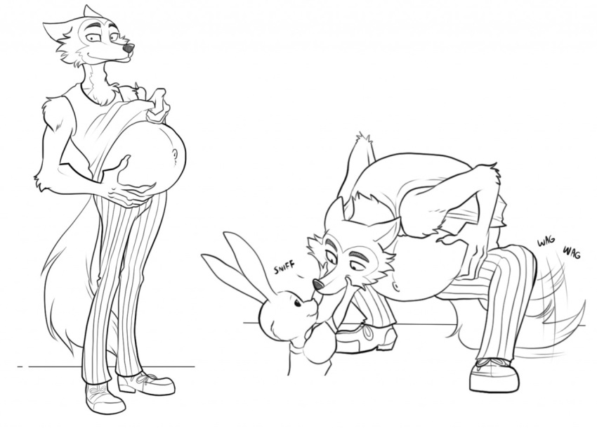 2020 anthro beastars belly big_belly bottomwear canid canine canis claws clothing dress duo female footwear fur haru_(beastars) jabberwockychamber lagomorph leaning legoshi_(beastars) leporid looking_at_viewer male male/female male_pregnancy mammal monochrome navel pants pregnant presenting_belly rabbit shirt shoes smile sniffing tailwag topwear wolf