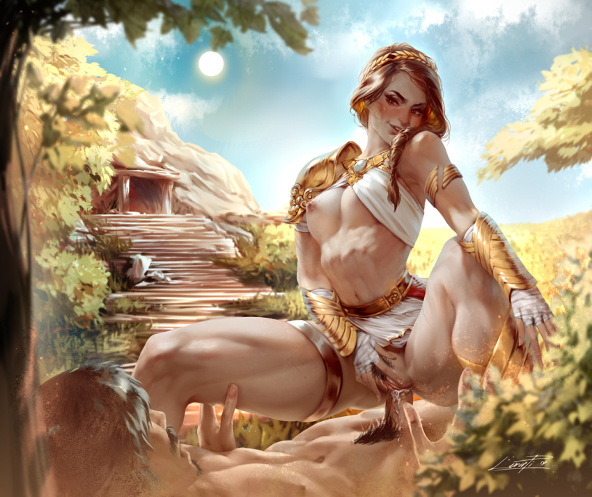 1boy 1girl abs armlet assassin's_creed:_odyssey assassin's_creed_(series) bandaged_hands bandages blush braid breasts brown_hair clothed_female_nude_male clothed_sex commentary cowgirl_position criss-cross_halter cum cum_in_pussy day english_commentary erection faceless faceless_male facial_hair goatee hair_over_shoulder halterneck hetero kassandra_of_sparta laurel_crown lera_pi long_braid looking_at_another medium_breasts muscle muscular_female mustache navel nipples no_panties nose_blush nude on_box outdoors perky_breasts pubic_hair pussy sex single_braid single_pauldron solo_focus spread_legs spread_pussy straddling thick_thighs thigh_strap thighs toned