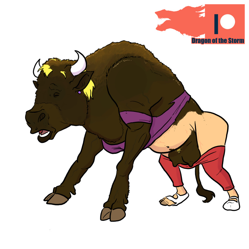 1:1 bison blonde_hair bottomwear bovid bovine breasts brown_body brown_fur butt clothing connie_d'amico dragon-storm ear_piercing ear_ring english_text family_guy female feral footwear fur hair hi_res hooves horn human_to_feral mammal midriff navel pants piercing quadruped scared shirt shoes simple_background snout solo species_transformation teats teeth text topwear torn_clothing transformation tuft udders