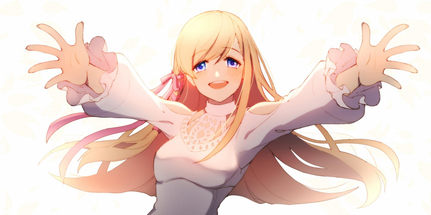 1girl bangs blonde_hair blue_eyes dress eyebrows_visible_through_hair final_fantasy final_fantasy_xiv hair_ribbon highres hume long_hair looking_at_viewer lyra-kotto open_mouth outstretched_arms ribbon ryne solo spread_arms swept_bangs white_background white_dress