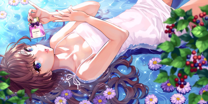 1girl bangs berries blue_eyes blush bottle breasts brown_hair cleavage collarbone covered_navel day dress eyebrows_visible_through_hair flower from_above ichinose_shiki idolmaster idolmaster_cinderella_girls leaf long_hair looking_at_viewer lying medium_breasts nail_polish nishimura_eri on_back outdoors parted_lips perfume_bottle pink_flower purple_flower sleeveless sleeveless_dress solo sunlight tank_top water wet wet_clothes wet_dress white_dress white_flower