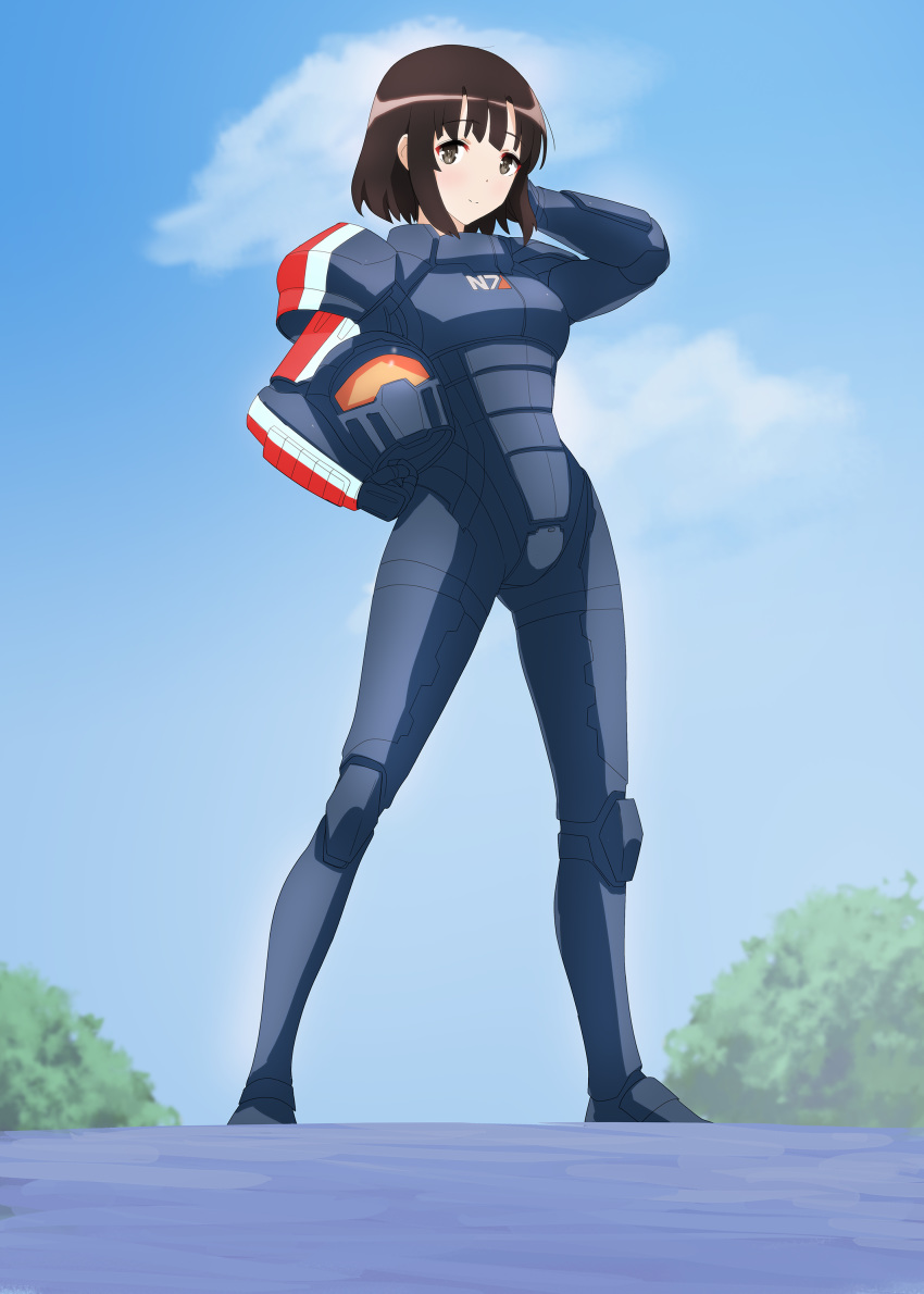 1girl absurdres armor brown_eyes brown_hair eyebrows_visible_through_hair hand_behind_head helmet highres holding holding_helmet iracco katou_megumi mass_effect mass_effect_2 n7_armor saenai_heroine_no_sodatekata short_hair solo