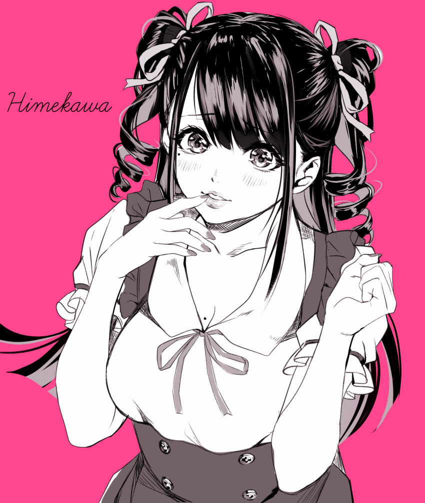 1girl absurdres black_legwear blouse blush breasts character_name cleavage commentary_request eyebrows_visible_through_hair fake_nails finger_to_mouth greyscale hair_ribbon highres himekawa_(shashaki) long_hair looking_at_viewer mole mole_on_breast mole_under_eye monochrome neck_ribbon original pink_background puffy_short_sleeves puffy_sleeves ribbon shashaki short_sleeves solo twintails upper_body
