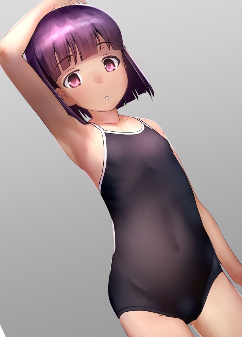 1girl arm_up armpits bangs bare_arms blunt_bangs child covered_navel eyebrows_visible_through_hair flat_chest highres looking_at_viewer one-piece_swimsuit original parted_lips ribs sasayuki short_hair simple_background solo swimsuit taut_clothes taut_swimsuit tight