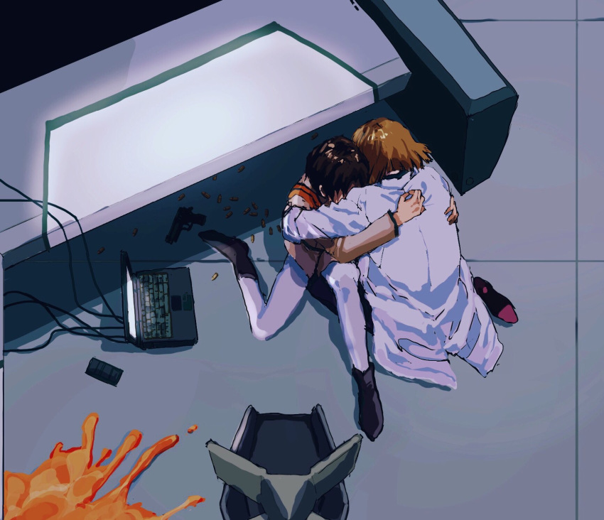 2girls a12740807 akagi_ritsuko blonde_hair brown_hair chair clutching_shoulder computer desk end_of_evangelion floor gun hidden_face highres hug ibuki_maya indoors laptop lcl multiple_girls neon_genesis_evangelion shell_casing sitting weapon