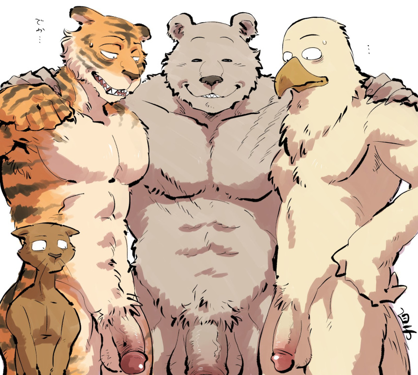 abs accipitrid accipitriform anthro aoba_(beastars) arm_around_shoulders armpit_hair athletic athletic_male avian bald_eagle ball_size_difference balls beak beastars biceps big_balls bill_(beastars) bird bodily_fluids body_hair brown_bear brown_body brown_fur crotch_tuft eagle feathers felid flaccid fur genitals glans grin hairy_balls herpestid hi_res humanoid_genitalia humanoid_penis kai_(beastars) male mammal mongoose musclegut muscular muscular_male nude orange_body orange_fur pantherine pecs penis penis_size_difference pink_glans pose pubes riz_(beastars) sea_eagle shirako signature simple_background size_difference smile striped_body striped_fur stripes sweat tan_body tan_feathers tan_fur thick_penis tiger tuft uncut ursid ursine vein veiny_penis white_background yellow_beak