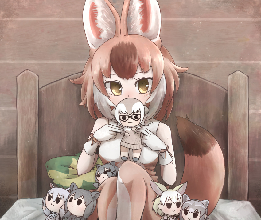 6+girls animal_ears bare_shoulders bed black_hair black_jaguar_(kemono_friends) blonde_hair breasts brown_hair character_request commentary_request dhole_(kemono_friends) dog_ears dog_girl dog_tail doll grey_hair highres holding holding_doll indoors jaguar_girl kemono_friends kemono_friends_3 kotobukkii_(yt_lvlv) malayan_tapir_(kemono_friends) medium_breasts meerkat_(kemono_friends) meerkat_ears multicolored_hair multiple_girls solo southern_tamandua_(kemono_friends) tail white_hair yellow_eyes