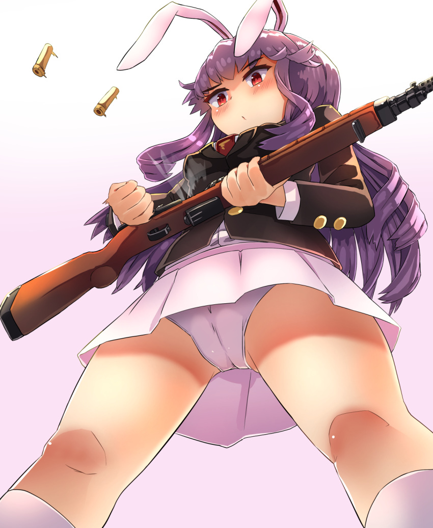 1girl animal_ears bangs blazer blouse bunny_ears cameltoe casing_ejection gun highres holding holding_gun holding_weapon houshiruri jacket lavender_hair long_hair necktie panties pleated_skirt purple_hair red_eyes red_neckwear reisen_udongein_inaba rifle shell_casing skirt solo touhou underwear very_long_hair weapon