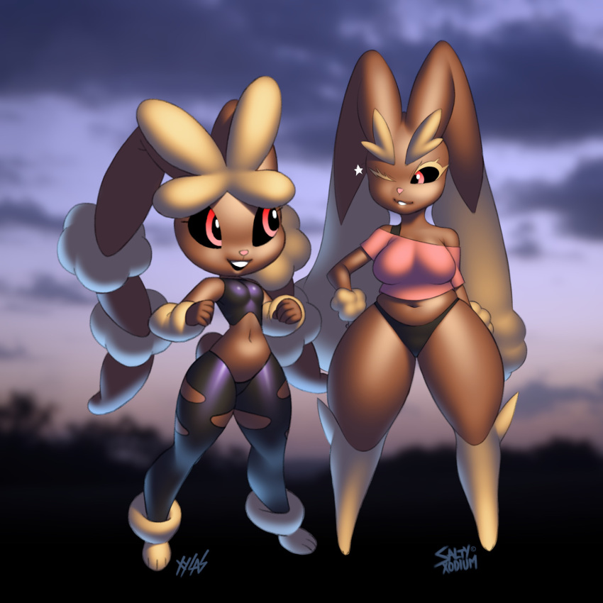 1:1 anthro big_breasts breast_size_difference breasts clothed clothing duo female hi_res lopunny mega_evolution mega_lopunny nintendo one_eye_closed panties pok&eacute;mon pok&eacute;mon_(species) saltyxodium shirt topwear underwear video_games wide_hips wink xylas