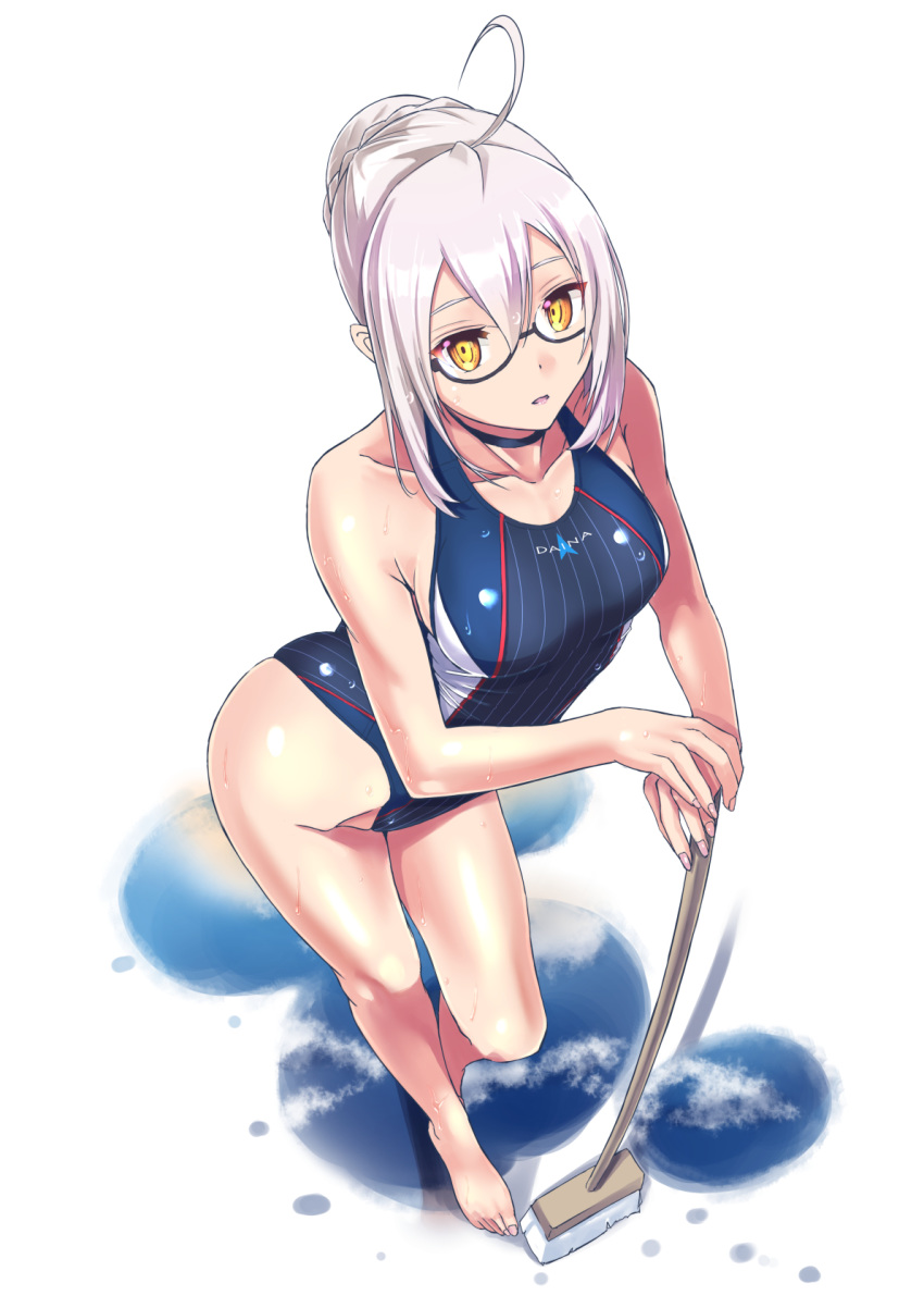 1girl ahoge artoria_pendragon_(all) bangs barefoot black-framed_eyewear black_choker blue_swimsuit braid broom choker competition_swimsuit fate/grand_order fate_(series) french_braid full_body highres holding holding_broom leaning_to_the_side logo looking_at_viewer mysterious_heroine_x_(alter) nail_polish nenchi one-piece_swimsuit open_mouth pink_nails semi-rimless_eyewear short_hair silver_hair simple_background solo standing swimsuit under-rim_eyewear wet white_background yellow_eyes