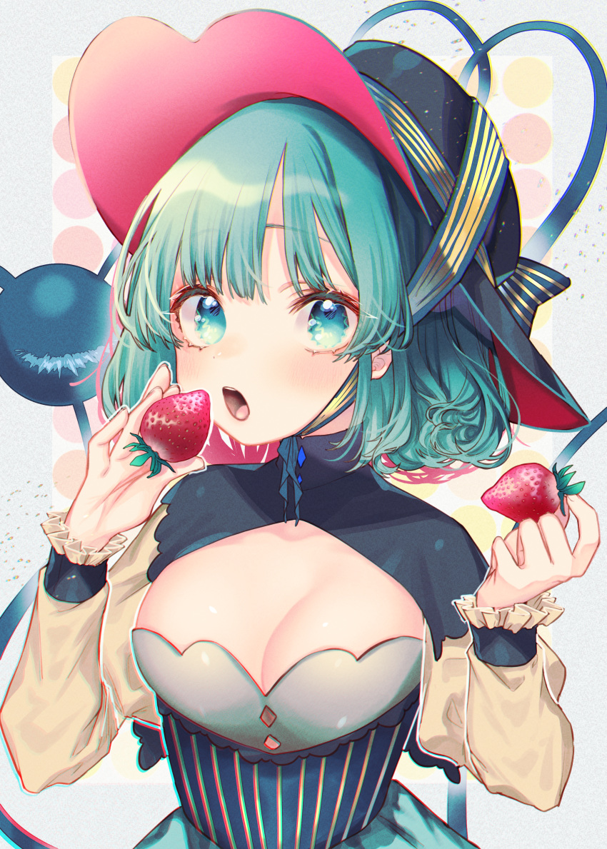 1girl absurdres bangs black_headwear breasts cleavage commentary_request food fruit green_eyes green_hair grey_background hands_up highres holding holding_food holding_fruit huge_filesize koishi_day komeiji_koishi long_sleeves looking_at_viewer medium_breasts mokokiyo_(asaddr) open_mouth short_hair solo strawberry third_eye touhou upper_body