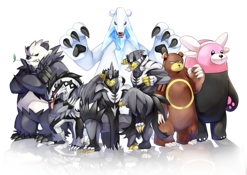 bear beartic bewear claws commentary_request creature crossed_arms fighting_stance full_body galarian_form gen_2_pokemon gen_5_pokemon gen_6_pokemon gen_7_pokemon gen_8_pokemon legendary_pokemon looking_at_viewer no_humans obstagoon open_arms osomatsu1ban pangoro pokemon pokemon_(creature) refelction serious simple_background standing tongue tongue_out ursaring urshifu urshifu_(rapid) urshifu_(single) white_background