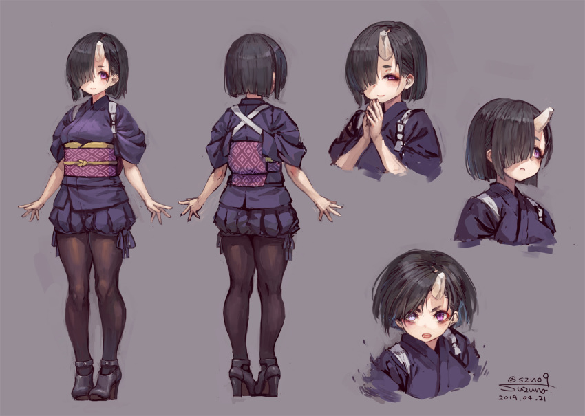 1girl black_footwear black_hair blush character_sheet closed_mouth grey_background hair_over_one_eye hands_together high_heels horn japanese_clothes mole mole_under_eye multiple_views oni open_mouth original purple_eyes short_hair signature simple_background sleeves_rolled_up smile solo standing suzuno_(bookshelf) teeth upper_teeth