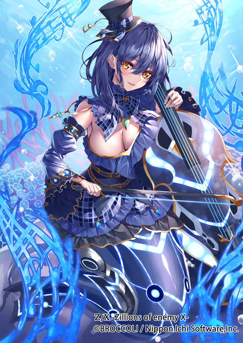 1girl :d absurdres air_bubble armpits bangs bare_shoulders belt blue_belt blue_capelet blue_dress blue_hair blue_sleeves blush bow bow_(instrument) bowtie bracelet breasts bubble capelet cleavage commentary_request coral detached_collar detached_sleeves double_bass dress eyebrows_visible_through_hair frilled_sleeves frills full_body gold_trim hair_between_eyes hat heirou highres holding holding_instrument instrument jewelry large_breasts lens_flare looking_at_viewer medium_hair mermaid mini_hat mini_top_hat monster_girl music musical_note official_art open_mouth plaid plaid_bow playing_instrument shiny shiny_skin sidelocks smile solo sparkle strapless strapless_dress sunburn top_hat underwater watermark wide_sleeves yellow_eyes z/x