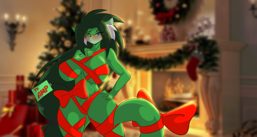 anthro blue_eyes blush bow_tie breasts christmas female fur gift_wrapped green_body green_fur green_hair hair hand_on_hip hawke_(mastergodai) holidays inside long_hair mastergodai solo tag text wrapped_up