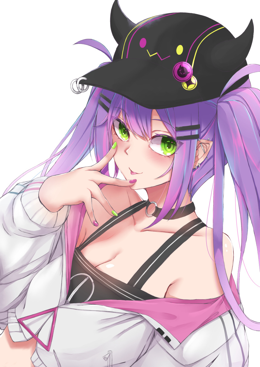 1girl absurdres ahoge baseball_cap black_choker black_tank_top blush breasts choker cleavage commentary crop_top ear_piercing eyebrows_visible_through_hair green_eyes green_nails hair_between_eyes hair_ornament hairclip hand_to_own_mouth hat highres hololive horned_headwear jacket long_hair looking_at_viewer midriff mirai'g multicolored multicolored_hair multicolored_nails nail_polish o-ring o-ring_choker off_shoulder piercing pink_hair purple_hair purple_nails simple_background small_breasts smile solo streaked_hair tank_top tokoyami_towa tongue tongue_out twintails two-tone_hair upper_body virtual_youtuber white_background white_jacket