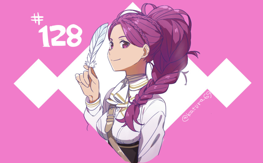 1girl absurdres closed_mouth feathers fire_emblem fire_emblem:_three_houses fire_emblem_heroes garreg_mach_monastery_uniform highres holding juria0801 long_hair long_sleeves petra_macneary ponytail purple_hair simple_background smile solo twitter_username uniform upper_body