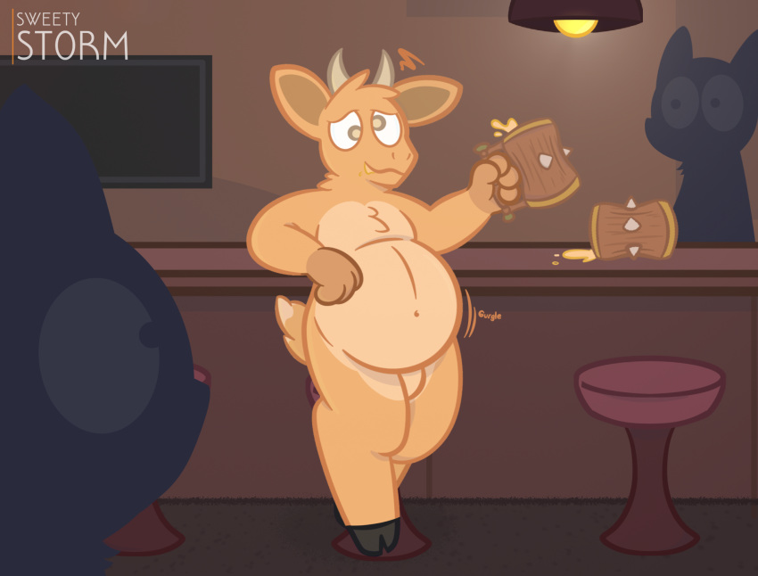 2020 alcohol anthro backgound background_characters bar barefoot beer belly belly_expansion beverage big_belly bovid brown_body brown_fur caprine colored confused_look digital_media_(artwork) drinking drunk fur furniture goat grey_eyes hi_res hooves horn inflation jar light_bulb male mammal obese obese_male overweight overweight_male solo substance_intoxication sweety_storm