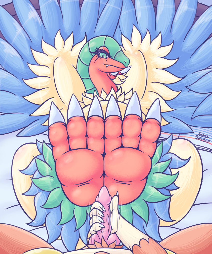 2020 3_toes absurd_res animal_genitalia archeops avian barefoot barely_visible_genitalia bed bedroom bedroom_eyes big_feet blue_body blue_feathers blush bodily_fluids butt claws curvy_figure digital_media_(artwork) duo erection eyelashes feathered_wings feathers feet female feral first_person_view floatzel foreshortening fossil_pok&eacute;mon front_view furniture genitals green_body green_eyes green_feathers half-closed_eyes hi_res inside looking_at_viewer lying male male/female mammal masturbation narrowed_eyes nintendo on_back on_bed patohoro penile penile_masturbation penis pok&eacute;mon pok&eacute;mon_(species) rear_view red_body red_feathers seductive signature slit_pupils smile solo_focus spread_legs spreading thick_thighs toe_claws toes video_games wide_hips wings yellow_body yellow_feathers