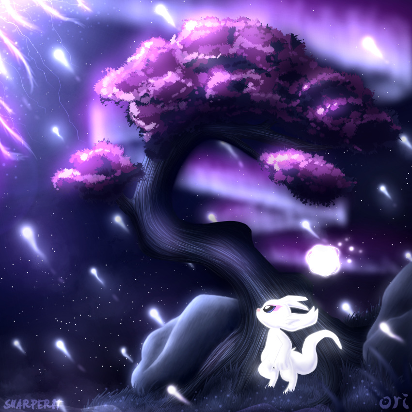 1:1 2020 ambiguous_gender artwork_(digital) avian black_and_white detailed_background digital_media_(artwork) digitigrade edit female flower fur guardian_spirit hi_res hybrid lights line_art meru_(fluffmun) monochrome not_furry ori ori_and_the_blind_forest ori_and_the_will_of_the_wisps outside photoshop plant sharperit simple_background sky solo spirit tree video_games white_background white_body white_fur winter