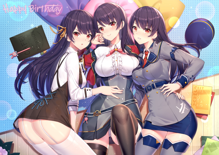 3girls ass bangs black_dress black_hair black_legwear blue_skirt blush breasts brown_ribbon center_frills character_request closed_mouth collared_shirt commentary_request cropped_jacket dress eyebrows_visible_through_hair frills garter_straps girl_cafe_gun grey_jacket grey_legwear grey_skirt hair_ribbon hand_on_hip happy_birthday high-waist_skirt highres jacket large_breasts long_hair long_sleeves looking_at_viewer medium_breasts multiple_girls necktie parted_lips pillow red_eyes red_jacket red_neckwear ribbon ririko_(zhuoyandesailaer) shi_wuxia shirt skirt sleeveless sleeveless_dress smile thighhighs v-shaped_eyebrows very_long_hair white_legwear white_shirt