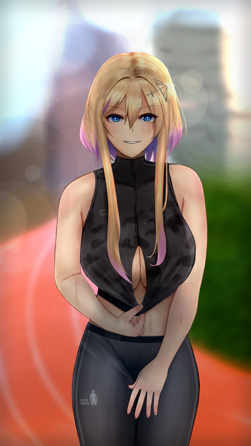 +_+ 1girl absurdres armpit_crease azur_lane bangs bare_shoulders black_pants black_sports_bra blonde_hair blue_eyes blurry blurry_background blush breasts building cleavage commentary_request cowboy_shot eyebrows_visible_through_hair glint gyaru hair_between_eyes hair_ornament hairclip hand_on_thigh highres huge_filesize large_breasts lens_flare looking_at_viewer marblehead_(azur_lane) marblehead_(boxing_girl!)_(azur_lane) meron-souda_shibori-tate midriff multicolored_hair pants parted_lips pink_hair short_hair_with_long_locks sidelocks sleeveless smile solo sports_bra_pull standing sweat symbol-shaped_pupils track_and_field track_pants two-tone_hair underboob underboob_cutout