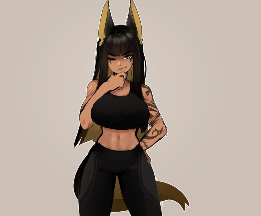 1girl animal_ears anput_(nsfwolf) bangs black_hair blonde_hair blunt_bangs blunt_ends dark_skin goddess grey_background hand_on_hip hand_on_own_chin highres hime_cut jackal_ears long_hair looking_at_viewer nsfwolf one_eye_closed original pants simple_background solo sports_bra tail yoga_pants