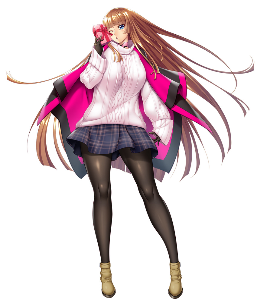 1girl baggy_clothes bangs black_gloves blue_eyes blunt_bangs blunt_ends bow box brown_hair choker gift gift_box gloves highres hime_cut holding holding_gift long_hair looking_at_viewer one_eye_closed pantyhose pleated_skirt simple_background skirt solo standing sweater taimanin_rpgx white_background zol