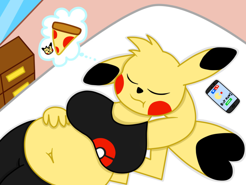 anthro belly breasts clothing cosplay_pikachu_(costume) eyes_closed female food fur gab_the_dog hand_on_stomach nintendo pikachu pikachu_libre pizza pok&eacute;mon pok&eacute;mon_(species) sleeping slightly_chubby solo video_games yellow_body yellow_fur