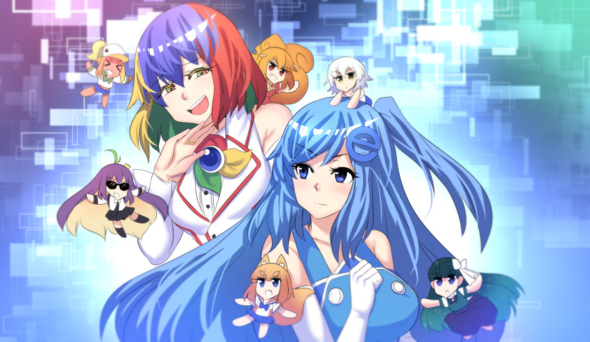 &gt;o&lt; 6+girls abstract_background absurdres animal_ears bing bing_(merryweather) black_bow black_hair black_neckwear black_skirt blonde_hair blue_bow blue_eyes blue_hair blue_neckwear blue_skirt bow bowtie breasts chibi collarbone detached_sleeves duckduckgo duckduckgo_(merryweather) elbow_gloves eyebrows_visible_through_hair firefox firefox_(merryweather) fox_ears fox_tail gloves google_chrome google_chrome_(merryweather) gradient_hair green_bow green_eyes green_hair green_neckwear hair_bow hair_ornament half-closed_eyes highres hinghoi internet_explorer internet_explorer_(merryweather) internet_explorer_(webcomic) jewelry long_hair medium_hair merryweather multicolored multicolored_eyes multicolored_hair multiple_girls necktie netscape netscape_(merryweather) ojou-sama_pose open_mouth orange_hair original os-tan personification pleated_skirt purple_hair red_eyes red_hair ring sailor_collar serious shirt shorts skirt sleeveless smile smug squirrel_ears squirrel_tail sunglasses tail tor_(merryweather) tor_browser uc_browser uc_browser_(merryweather) upper_body v-shaped_eyebrows very_long_hair wallpaper white_bow white_gloves white_hair white_shirt yellow_eyes