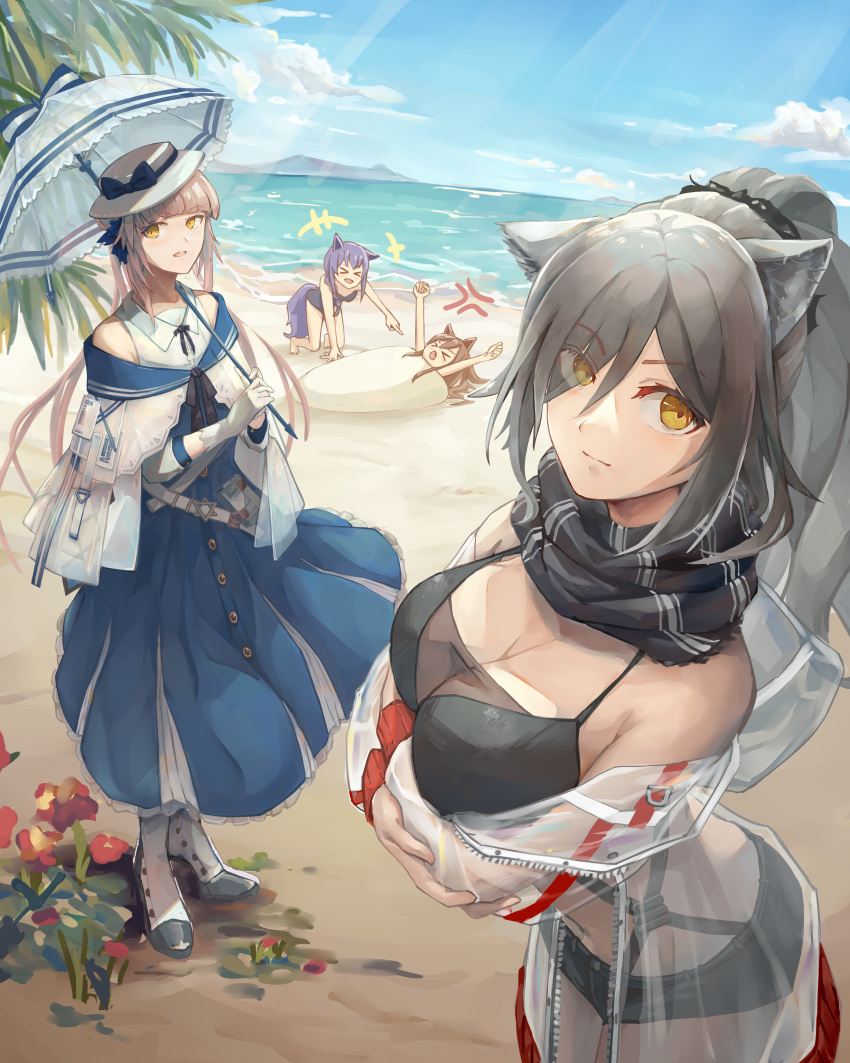 &gt;_&lt; 4girls absurdres anger_vein animal_ears arknights bangs bare_shoulders beach bikini black_bikini black_scarf black_shorts blue_dress blue_sky bow breasts brown_eyes brown_headwear cat_ears ceylon_(arknights) cleavage cloud commentary_request cowboy_shot day dress flower gloves hair_over_one_eye hat hat_bow highres holding holding_umbrella huge_filesize jacket large_breasts long_hair looking_at_viewer multiple_girls ocean off_shoulder outdoors parted_lips partial_commentary provence_(arknights) purple_hair red_flower scarf schwarz_(arknights) see-through short_shorts shorts silver_hair sky skyfire_(arknights) standing swimsuit tail u_ra umbrella water white_gloves white_headwear white_umbrella wolf_ears wolf_tail