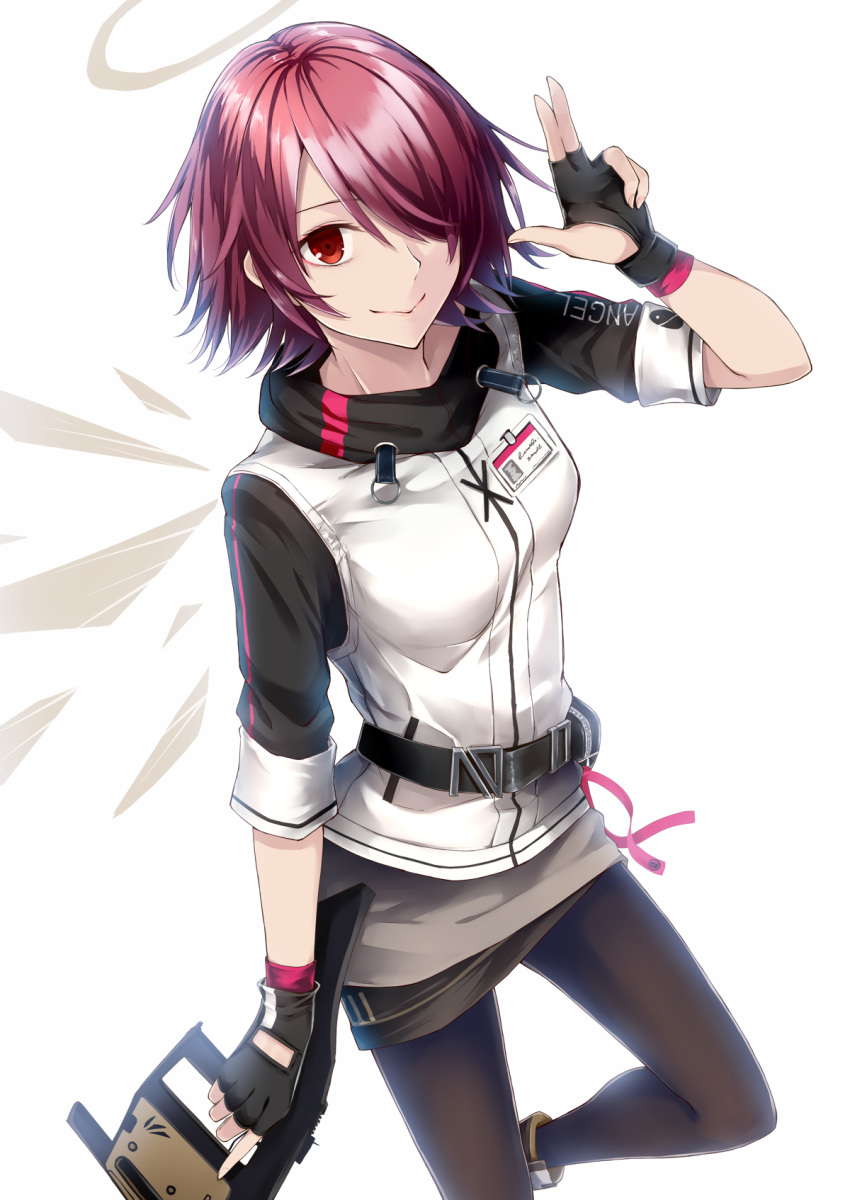 1girl arknights black_gloves black_legwear black_sleeves closed_mouth dabadhi exusiai_(arknights) fingerless_gloves gloves hair_over_one_eye highres holding jacket leg_up looking_at_viewer pantyhose red_eyes red_hair shiny shiny_hair short_hair simple_background smile solo white_background white_jacket
