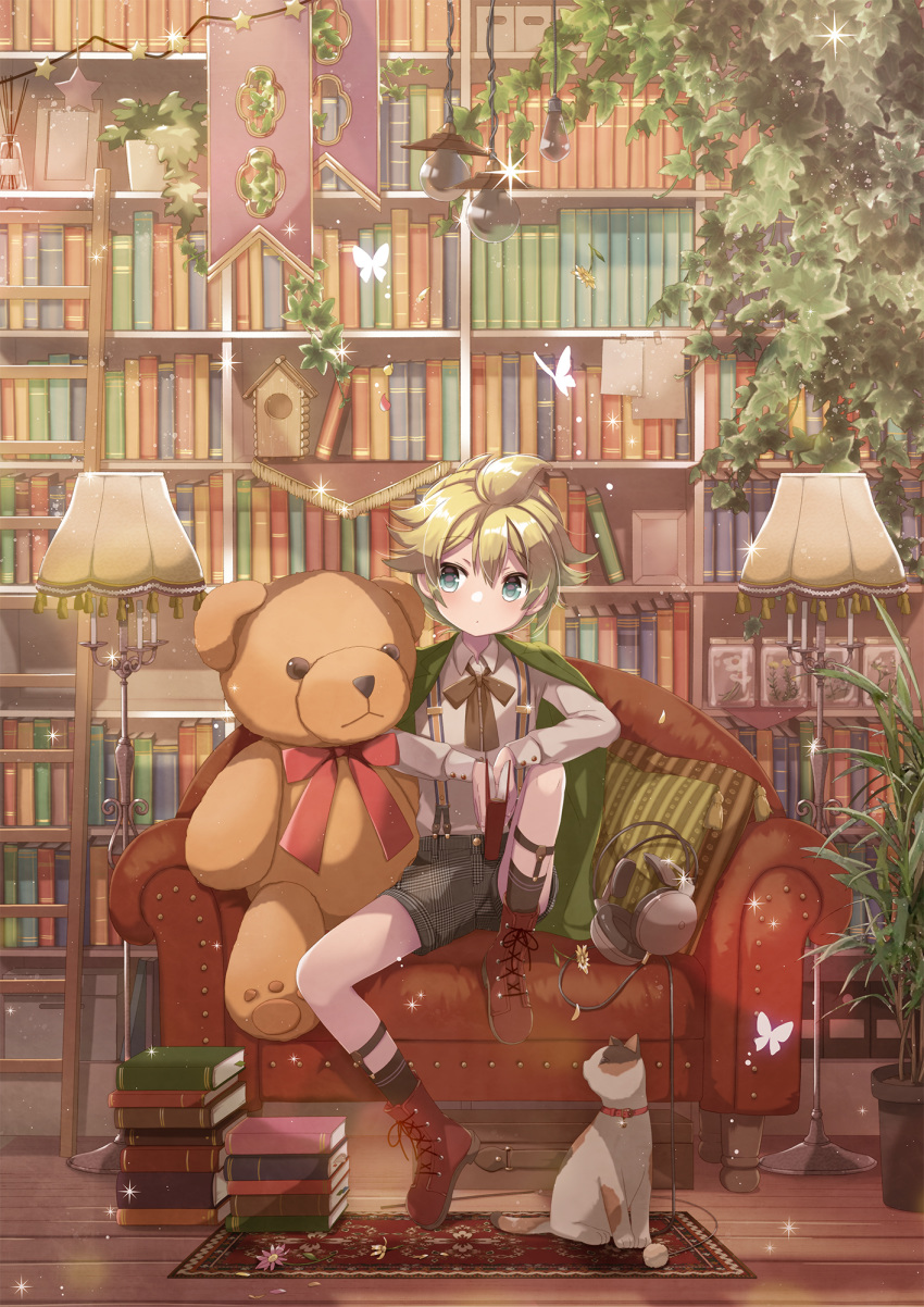 banner birdhouse blonde_hair blue_eyes book book_stack bookshelf boots box bug butterfly cable cat commentary couch expressionless flower framed_image green_jacket headphones hekicha highres holding holding_book insect jacket jacket_on_shoulders jar kagamine_len knee_up ladder lamp library light_bulb light_particles neck_ribbon pillow plant potted_plant ribbon rug shirt short_shorts shorts sitting spiked_hair star study_(room) stuffed_animal stuffed_toy suspender_shorts suspenders teddy_bear vocaloid white_butterfly white_shirt wooden_floor