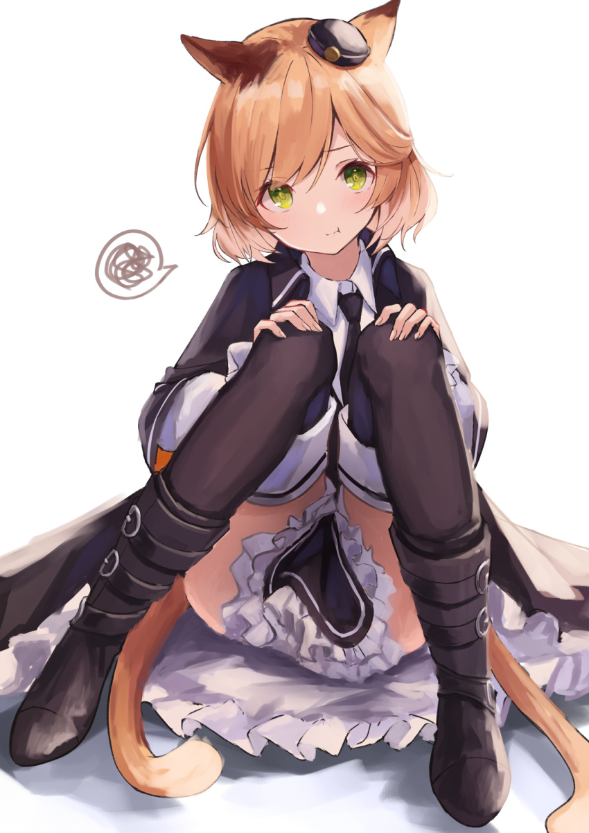 1girl :t animal_ears arknights black_jacket black_legwear black_skirt blonde_hair boots cat_ears cat_girl cat_tail collared_shirt frilled_skirt frills green_eyes highres jacket knees_up knoy3356 looking_at_viewer miniskirt mousse_(arknights) multiple_tails pout shirt short_hair simple_background sitting skirt solo spoken_squiggle squiggle tail thighhighs two_tails white_background white_shirt