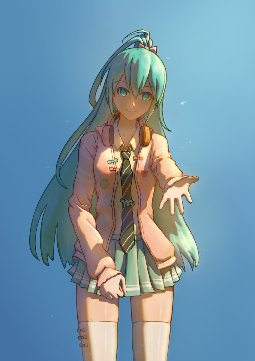 1girl absurdres aqua_eyes aqua_hair aqua_skirt badge blue_sky bow bowtie commentary cowboy_shot hatsune_miku headphones headphones_around_neck highres jacket long_hair looking_at_viewer miniskirt mori_(user_gdnz7828) necktie outstretched_arm pink_jacket pleated_skirt ponytail project_diva_(series) reaching_out ribbon_girl_(module) shirt sidelighting skindentation skirt sky solo standing striped striped_neckwear thighhighs very_long_hair vocaloid white_legwear white_shirt zettai_ryouiki