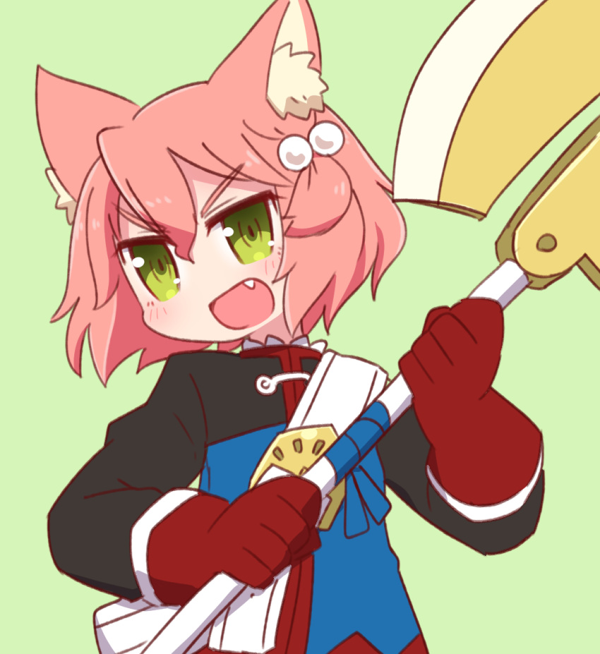 1girl 7th_dragon 7th_dragon_(series) :d animal_ear_fluff animal_ears axe bangs belt belt_buckle blue_jacket blush buckle cat_ears commentary_request eyebrows_visible_through_hair fang gloves green_background green_eyes hair_between_eyes hair_bobbles hair_ornament harukara_(7th_dragon) highres holding holding_axe jacket long_sleeves looking_away naga_u one_side_up open_mouth pink_hair red_gloves simple_background smile solo two-handed upper_body v-shaped_eyebrows white_belt