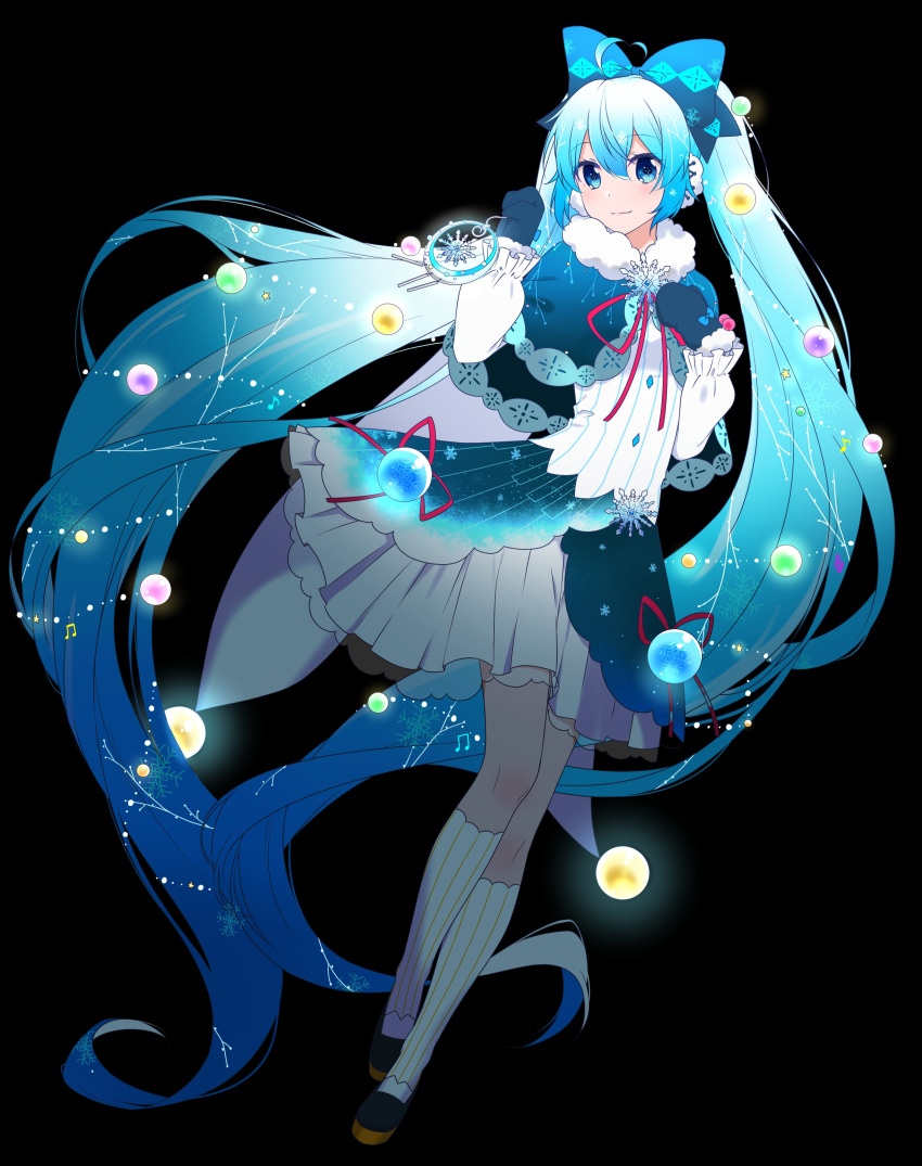 absurdres black_background blue_bow blue_capelet blue_gloves blue_skirt bow capelet chimes commentary crescent_moon fur-trimmed_capelet fur_trim gloves hair_bow hair_ribbon hands_up hatsune_miku highres holding holding_instrument illumination instrument kneehighs layered_skirt light_blue_eyes light_blue_hair light_blush light_smile long_hair looking_at_viewer moon neck_ribbon red_ribbon ribbon shirt skirt snowflakes so_ra_01_02 string_of_light_bulbs striped striped_shirt twintails vertical-striped_shirt vertical_stripes very_long_hair vocaloid white_shirt yuki_miku