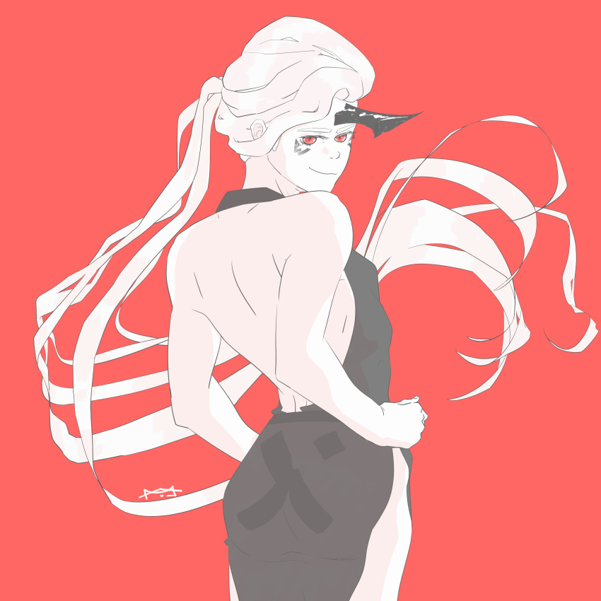 absurdres black_dress cute dress flat_chest formal highres horn long_hair oni red_background red_eyes silver_hair simple_background smile white_hair white_skin