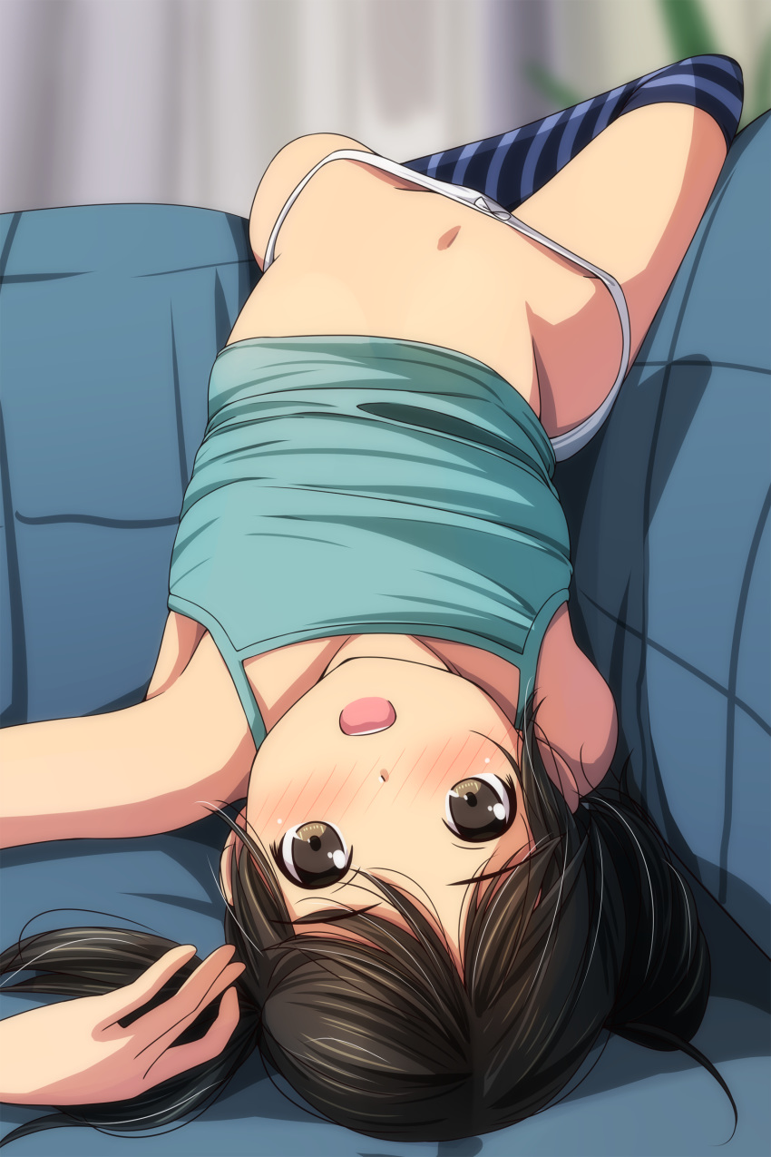 1girl absurdres bangs bare_shoulders black_hair blue_camisole blurry blurry_background blush bow bow_panties brown_eyes camisole collarbone couch depth_of_field eyebrows_visible_through_hair highres indoors looking_at_viewer lying matsunaga_kouyou navel no_pants nose_blush on_back on_couch open_mouth original panties solo striped striped_legwear thighhighs twintails underwear underwear_only upper_teeth upside-down white_panties