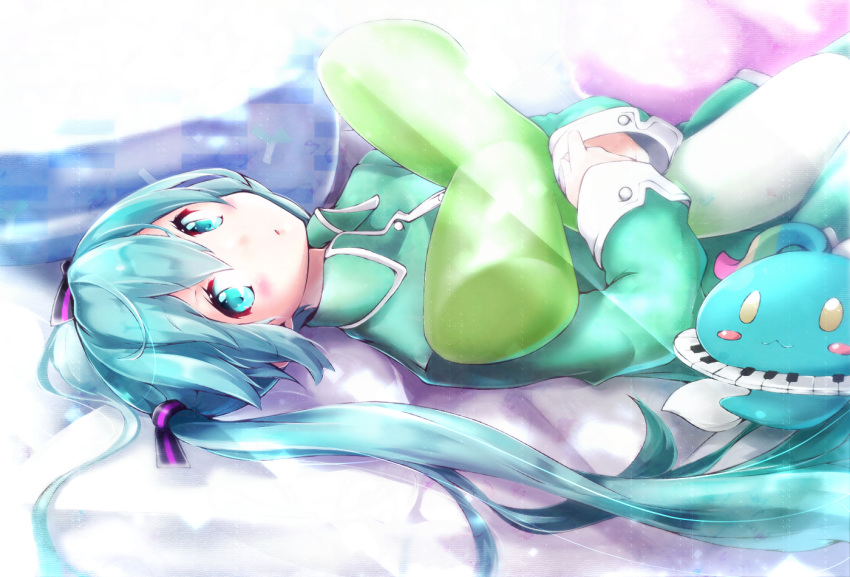 1girl akino_coto aqua_eyes aqua_hair commentary hair_ribbon hatsune_miku hatsune_miku_graphy_collection holding_spring_onion holding_toy long_hair looking_at_viewer looking_to_the_side lying on_back pajamas ribbon spring_onion stuffed_toy twintails very_long_hair vocaloid