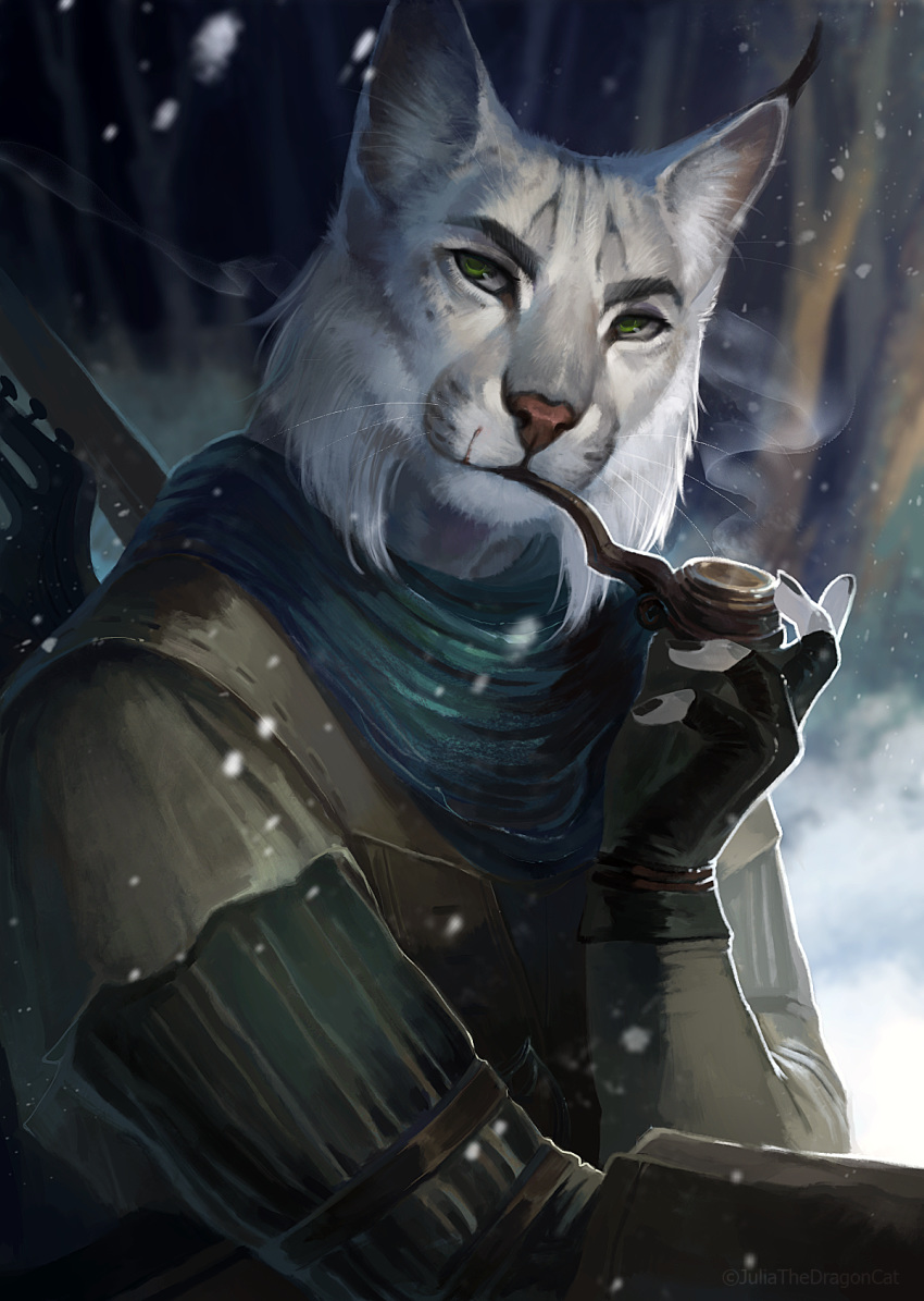 2020 anthro clothed clothing digital_media_(artwork) felid feline fur green_eyes grey_body grey_fur hi_res juliathedragoncat lynx male mammal sitting solo whiskers