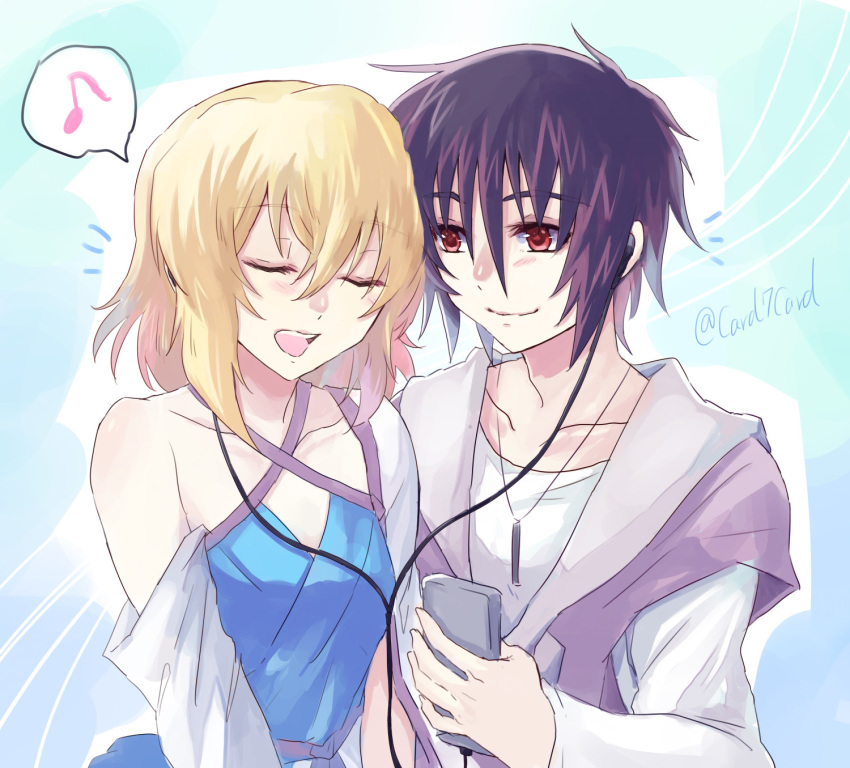 1boy 1girl :d black_hair blonde_hair blue_background blue_dress cellphone closed_eyes closed_mouth collarbone couple criss-cross_halter dress earphones gundam gundam_seed gundam_seed_destiny halterneck highres holding holding_phone jewelry medium_hair musical_note necklace open_mouth phone red_eyes shinn_asuka shiny shiny_hair sketch smartphone smile stellar_loussier twitter_username upper_body yuuka_seisen