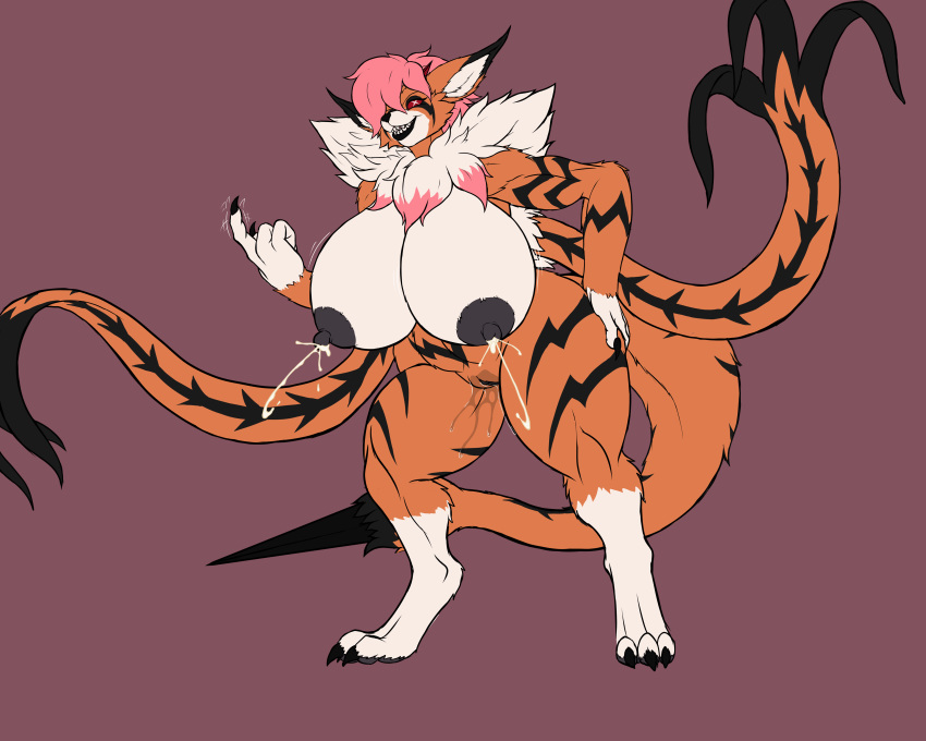 2020 5:4 absurd_res anthro black_markings black_nipples black_nose black_pussy bodily_fluids breast_milking breasts claws digimon digimon_(species) female fingers fur genital_fluids genitals hair hi_res karnator_(artist) lactating markings meicrackmon milk nipples orange_body orange_fur pink_hair purple_background pussy pussy_juice red_sclera sharp_teeth simple_background smile solo teeth toe_claws tuft white_body white_eyes white_fur