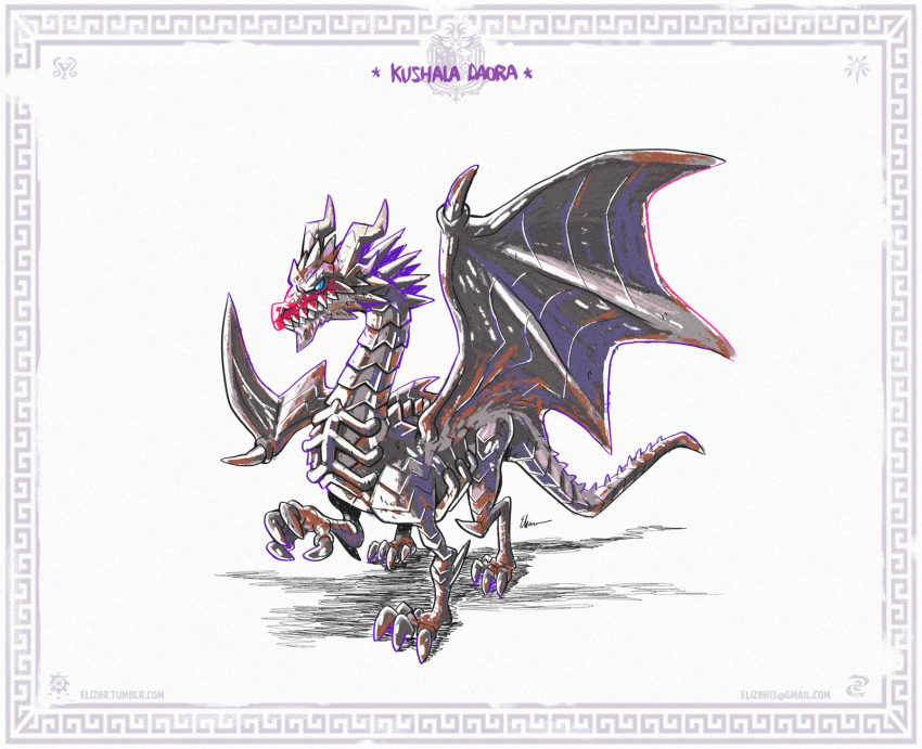 ancient_dragon dragon eliz0r full_body highres kushala_daora monster monster_hunter monster_hunter:_world rocket_launcher rpg simple_background solo steel_dragon weapon