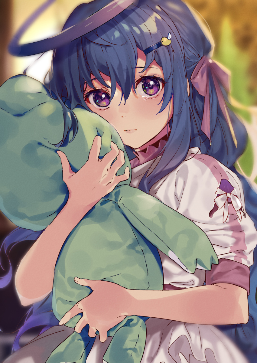 1girl absurdres black_hair blush bow closed_mouth eyebrows_visible_through_hair hair_bow hair_ornament hairclip halo highres holding holding_stuffed_animal long_hair looking_at_viewer original pajamas purple_bow purple_eyes short_sleeves solo stuffed_animal stuffed_toy yumesaki_nana