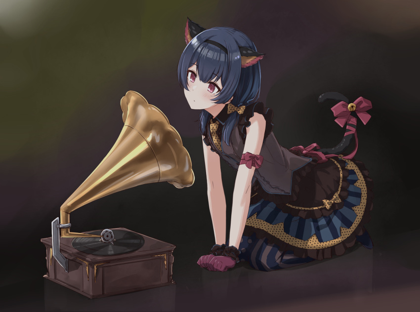 1girl all_fours animal_ears bangs bare_shoulders bell black_hair black_hairband blush bow cat_ears cat_girl cat_tail closed_mouth commentary dark_background dress eyebrows_visible_through_hair frilled_dress frills full_body gloves hairband head_tilt his_master's_voice idolmaster idolmaster_shiny_colors jingle_bell kemonomimi_mode layered_dress long_hair low_twintails mismatched_legwear mixed-language_commentary morino_rinze multicolored multicolored_clothes multicolored_dress necktie pantyhose parody phonograph polka_dot polka_dot_legwear polka_dot_neckwear purple_bow purple_eyes purple_gloves short_twintails sleeveless sleeveless_dress solo striped striped_legwear suke_(momijigari) tail tail_bell tail_bow twintails vertical-striped_legwear vertical_stripes wrist_cuffs yellow_neckwear