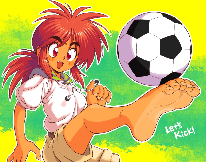1girl barefoot bindi blush blush_stickers fang feet football football_(object) highres hood hoodie long_hair oyatsu_(mk2) ponytail pov_feet red_eyes red_hair shorts soles solo source_request spiked_hair tan toes tomboy