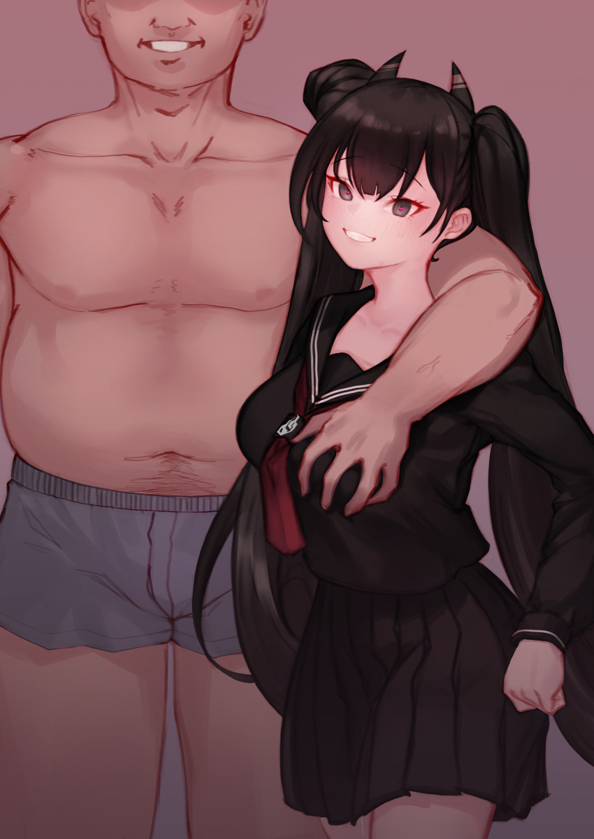 1boy 1girl bangs black_eyes black_hair boxers breasts eonsang eyebrows_visible_through_hair faceless faceless_male girls_frontline grin groping hair_bun heart heart-shaped_pupils highres horns looking_at_viewer mixed-language_commentary navel nipples ouroboros_(girls_frontline) pleated_skirt purple_background school_uniform serafuku simple_background skirt smile symbol-shaped_pupils topless twintails underwear