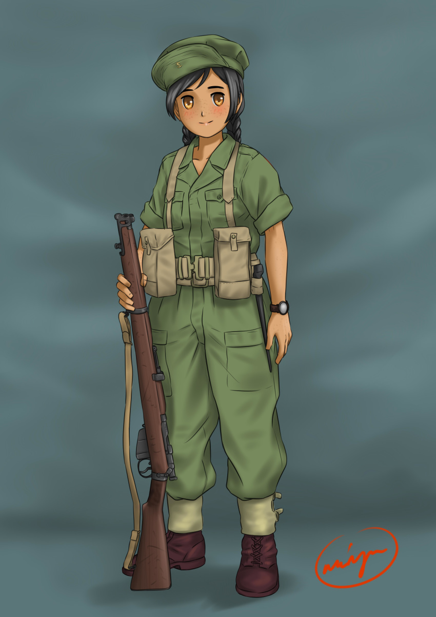 1girl absurdres ankle_boots bayonet black_hair blush boots braid brown_eyes commentary dark_skin freckles gaiters gun hat highres lee-enfield load_bearing_equipment looking_at_viewer military military_uniform millimeter netherlands original rifle signature simple_background sling smile soldier solo twin_braids uniform watch weapon wristwatch
