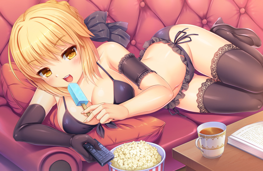 1girl armband artoria_pendragon_(all) bangs bikini black_bikini black_footwear black_gloves black_legwear black_ribbon blonde_hair book braid breasts cleavage coffee_table commentary_request controller couch cup cushion eating eyebrows_visible_through_hair fate_(series) food frilled_armband frilled_bikini frills gloves hair_ribbon high_heels highres holding holding_food holding_remote_control lace lace-trimmed_legwear large_breasts lying navel on_side open_mouth popcorn popsicle remote_control ribbon saber_alter side-tie_bikini sidelocks smile swimsuit thigh_gap thighhighs thighs umitonakai upper_teeth yellow_eyes